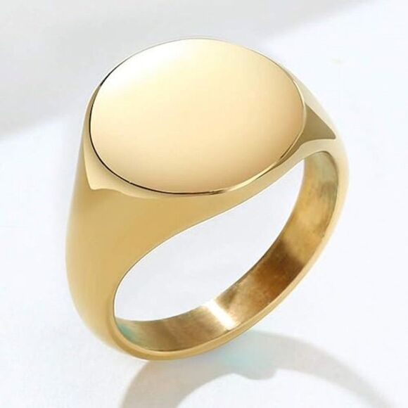 Gold Round Signet Style Gold Pinky Ring Statement Ring Wedding Engagement Ring - Picture 4 of 5